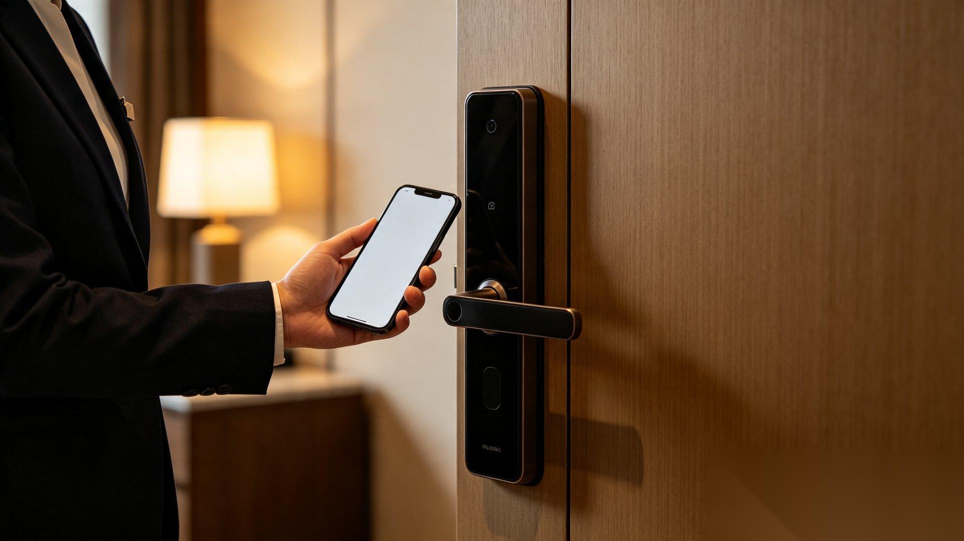Hoteles y Alquileres — Cerraduras inteligentes para habitaciones, PIN de tiempo limitado, seguimiento de eficiencia del personal y check-in autoservicio, sin necesidad de recepción.