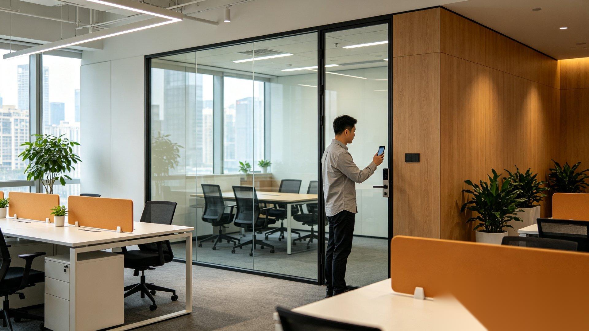 Espacios Compartidos — Oficinas de coworking, reserva de salas de reuniones, acceso por tiempo o por visita, permisos flexibles y control de acceso vinculado al arrendamiento.